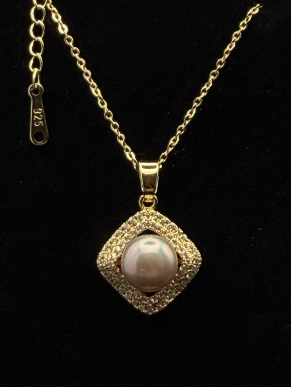 Large freshwater pearl pendant necklace with square crystal halo